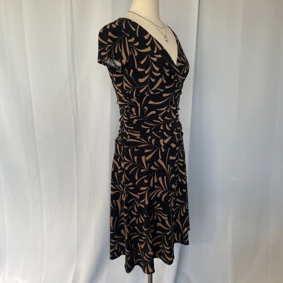 Midi Dress Size 12 Black Tan Faux Wrap V neck Stretch A Line Short Sleeve Y2K - Picture 6 of 14